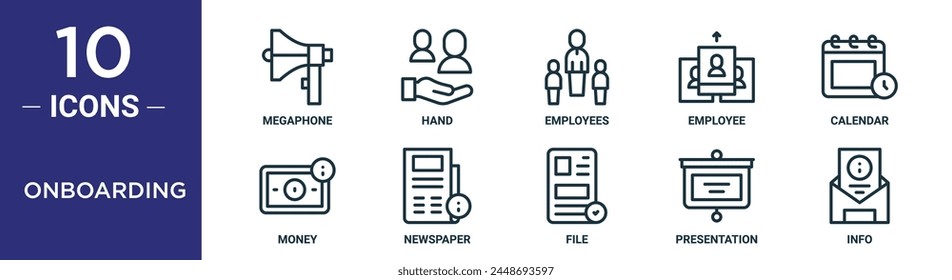 onboarding outline icon set includes thin line megaphone, hand, employees, employee, calendar, money, newspaper icons for report, presentation, diagram, web design