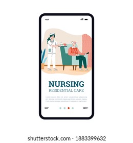 Onboarding Page Design of Senioren Pflege Wohnungen Dienstleistungen. Mobile App-Screen-Vorlage mit Krankenschwester, die zum Pflegepersonal dient, flache Vektorgrafik.