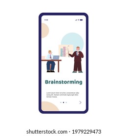 Onboarding page interface design with brainstorming creative business team, flat vector illustration. Brainstorm meeting concept of mobile app adoptive screen.