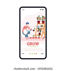 Onboarding page with man growing plants on balcony, vector cartoon illustration.