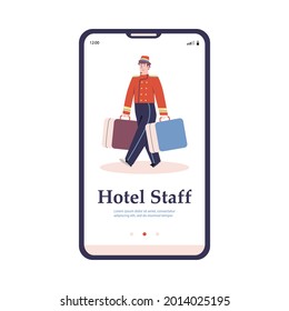 Onboarding page template with hotel porter carrying suitcases, flat vector illustration. Hotel staff onboarding mobile app screen or user interface UX, UI.
