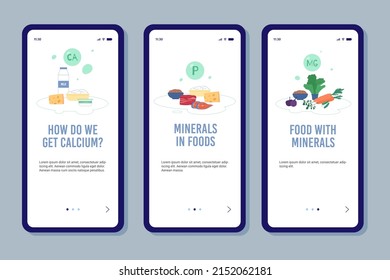 Onboarding pages kit on topic of minerals fortified food and healthy diet, flat vector illustration. Minerals in food and daily products concept for mobile app.