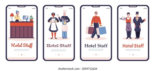 Onboarding pages kit with various hotel services employees, flat vector illustration. Hotel staff mobile adaptation screen interfaces with cartoon characters.