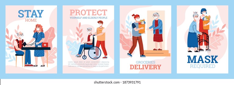Onboarding pages set for volunteer program of elderly people support during quarantine with masked volunteers taking care of older people, cartoon vector illustration.