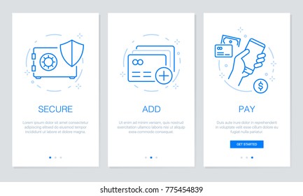 Onboarding payment app screens Modern and simplified vector illustration walkthrough screens. UI template for mobile apps, smart phone or web site banners. svg