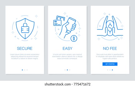 Onboarding payment app screens Modern and simplified vector illustration walkthrough screens. UI template for mobile apps, smart phone or web site banners.