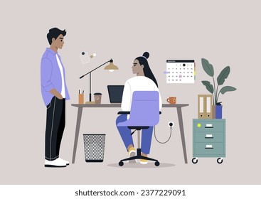 The onboarding process concept, an employee assisting a new colleague in acclimating to their first day at work