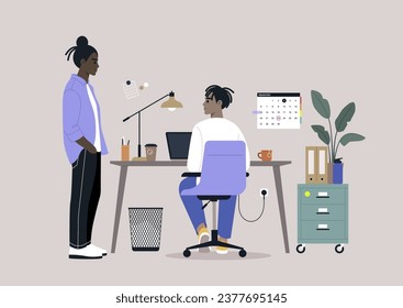 The onboarding process concept, an employee assisting a new colleague in acclimating to their first day at work