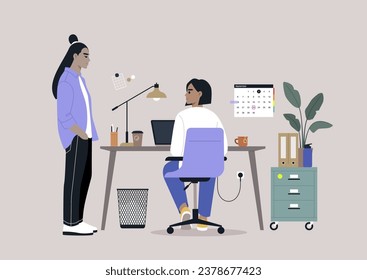 El concepto del proceso de internado, un empleado que asiste a un nuevo colega en su primer día de trabajo