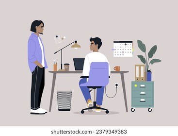 The onboarding process concept, an employee assisting a new colleague in acclimating to their first day at work