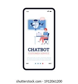 Onboarding screen design for chatbot for customer service or technical support. Mobile app interface template for chatbot, cartoon vector illustration.