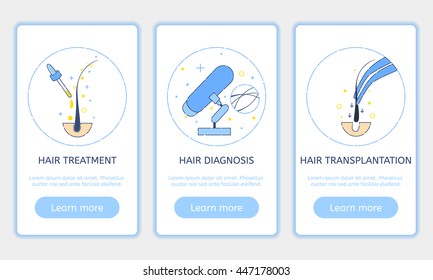 Onboarding screen design template set for hair clinics and diagnostic centers. Modern web icons for mobile apps or responsive site. Alopecia treatment, diagnosis and transplantation concept.
