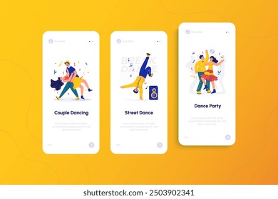 Onboarding screen with illustration of couple dancing, street breakdance and dancing party