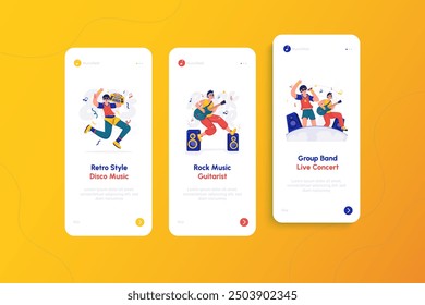 Onboarding screen with illustration of music festival, Retro music colorful style, Rock band music concert