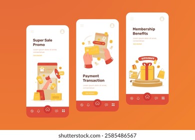 Onboarding screen online shopping application, UI mobile app with shopping sale promo, transaction payment and giveaway membership benefits, Vector design