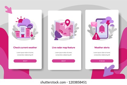 Onboarding screen page template of Weather App Concept. Modern flat design concept of web page design for website and mobile website.Vector illustration