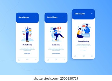 Pantalla de incorporación de personas en las redes sociales con escenas de ilustración de editar el perfil de la foto, activar la notificación, iniciar el chat. Conjunto de páginas de interfaz de usuario móvil de la aplicación de redes sociales