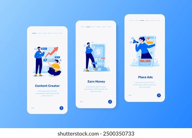 Onboarding screen with people on social media business, Mobile UI pages with illustration scene of earn money, social media analysis and broadcast ads for digital marketing strategy