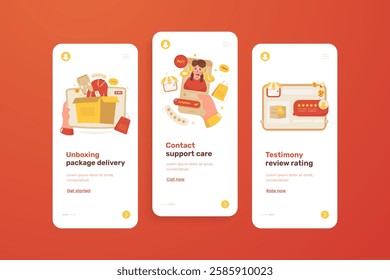 Onboarding screen shopping app with illustration set of unboxing packages, contact customer support and giving feedback testimonial vector design