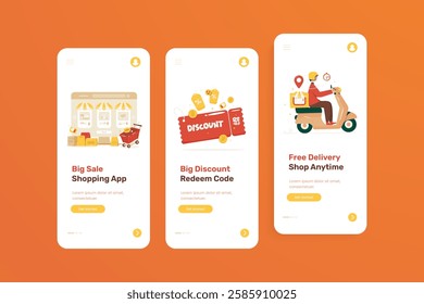 Onboarding screen of shopping application, UI mobile e-commerce with discount sale and free delivery service, Vector design