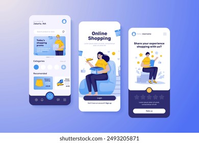 Onboarding screen UI template with flat illustration of online shopping buyers