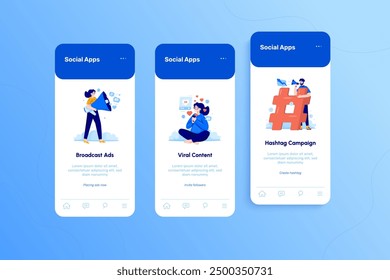 Onboarding screen ui template set of people on social media, Flat illustration scene of broadcast ads, viral content or like addiction, hashtag campaign for social media marketing