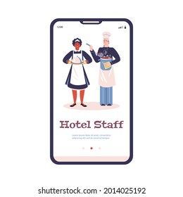 Onboarding screen user interface for mobile app of hotel. User interface screen for hotel services or staff outsource recruiting, flat vector illustration.