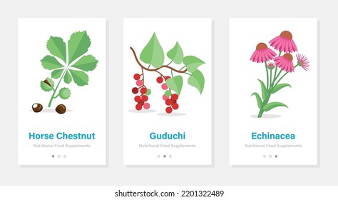 Onboarding screen vector designs with nutrition food supplements. Modern and simplified illustrations. Template for mobile app