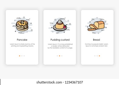 Onboarding screens design in dessert concept. Modern and simplified vector illustration, Template for mobile apps.