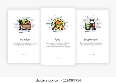 Onboarding screens design in Food concept. Modern and simplified vector illustration, Template for mobile apps.