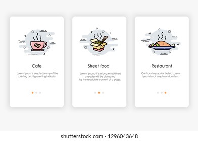 Onboarding screens design in food concept. Modern and simplified vector illustration, Template for mobile apps.