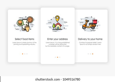 Onboarding screens design in food delivery concept. Modern and simplified vector illustration, Template for mobile apps. svg
