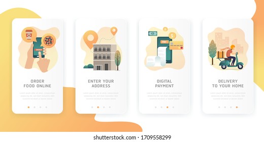 Onboarding screens design in food delivery concept. Order food on line banners, mobile application design. Order process concept. How to order. Modern and simplified vector illustration.