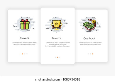 Onboarding screens design in gift and award concept. Modern and simplified vector illustration, Template for mobile apps.