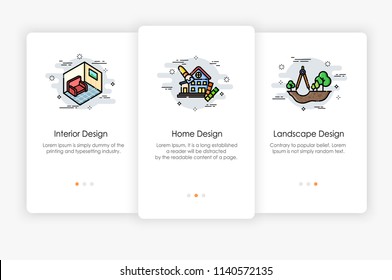 Onboarding screens design in home and design concept. Modern and simplified vector illustration, Template for mobile apps.