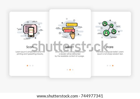 Onboarding screens design in how to use app concept. Scan Select and Share icon. Modern and simplified vector illustration, Template for mobile apps.