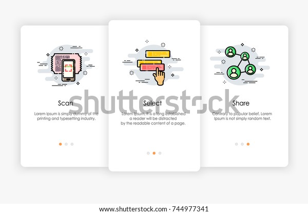 オンボード画面は アプリのコンセプトの使い方をデザインします Scan Select And Share アイコン モバイルアプリ用のテンプレートで モダンでシンプルなベクターイラスト のベクター画像素材 ロイヤリティフリー 744977341