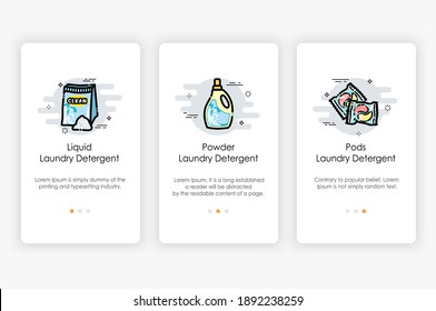 Onboarding screens design in Laundry detergent concept. Modern and simplified vector illustration, Template for mobile apps.