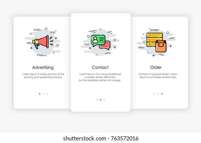 Onboarding screens design in marketing concept. Modern and simplified vector illustration, Template for mobile apps.