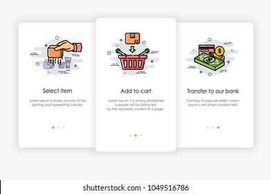 Onboarding screens design in order process concept. Modern and simplified vector illustration, Template for mobile apps.