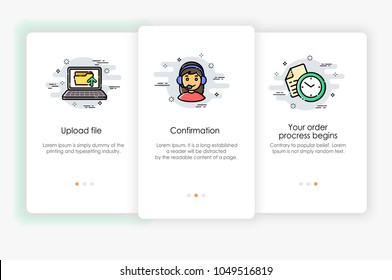 Onboarding screens design in order process concept. Modern and simplified vector illustration, Template for mobile apps.