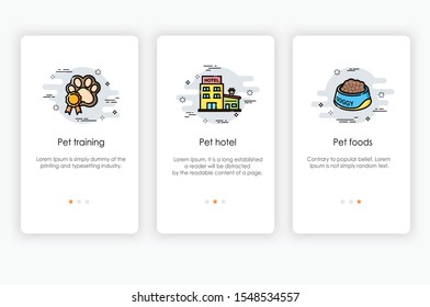 Onboarding screens design in pet shop concept. Modern and simplified vector illustration, Template for mobile apps.