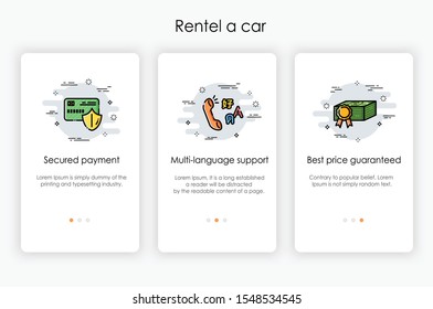Onboarding screens design in rentel a car concept. Modern and simplified vector illustration, Template for mobile apps.