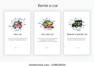 Onboarding screens design in rentel a car concept. Modern and simplified vector illustration, Template for mobile apps.