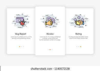 Onboarding screens design in Review and Report concept. Modern and simplified vector illustration, Template for mobile apps.