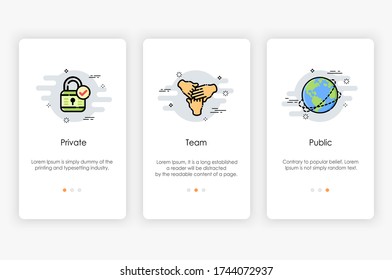 Onboarding screens design in security and access control  concept. Modern and simplified vector illustration, Template for mobile apps.