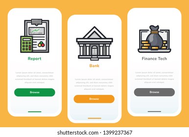 Onboarding screens design template. include icons such banking, coin sack, and calculator. Suitable for finance, business, or related theme. vector illustration
