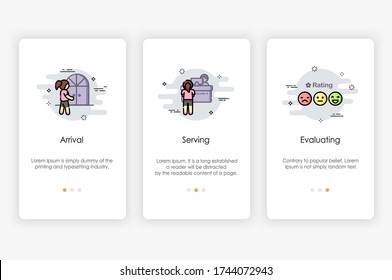 Onboarding screens design in using the service concept. Modern and simplified vector illustration, Template for mobile apps.