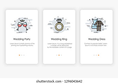 Onboarding screens design in wedding concept. Modern and simplified vector illustration, Template for mobile apps.