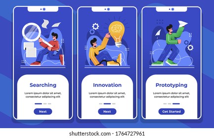 onboarding screens mobile app prototyping. web design development. vector template with people illustration
